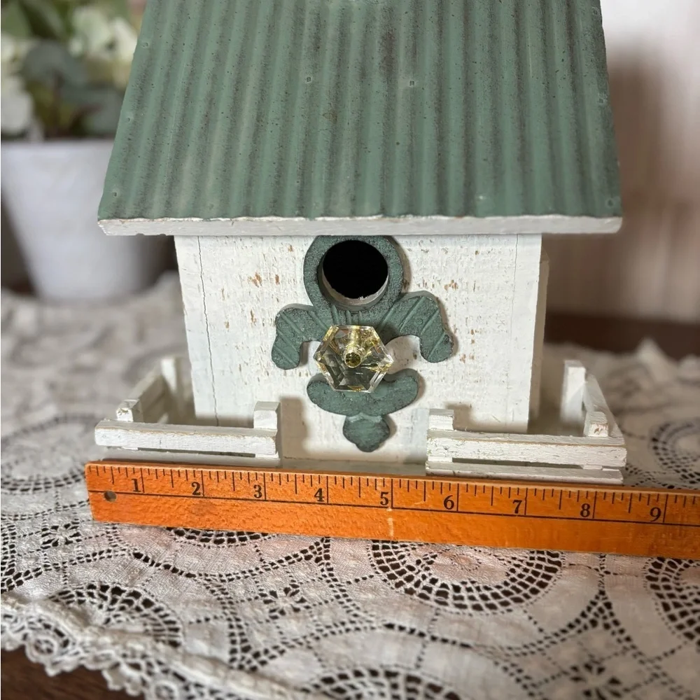 Elegant Handcrafted Green Cream Church Birdhouse Fleur-de-Lis Rustic Farmhouse